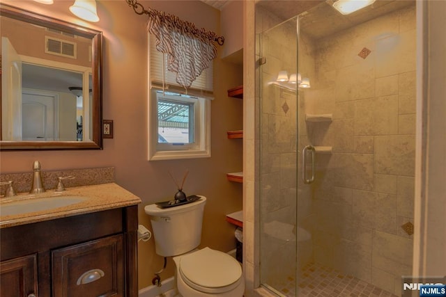 full bathroom with visible vents, a stall shower, vanity, and toilet