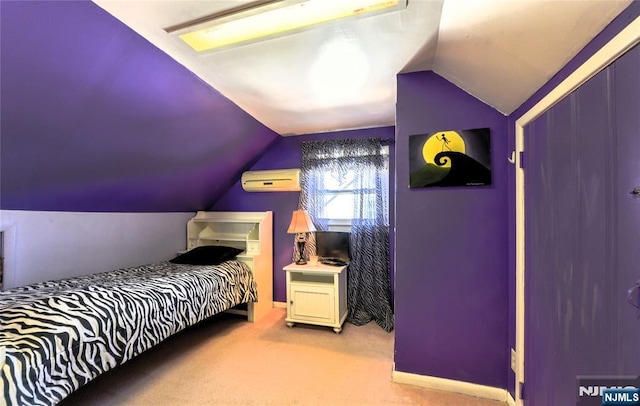 bedroom featuring lofted ceiling, a wall unit AC, baseboards, and light colored carpet