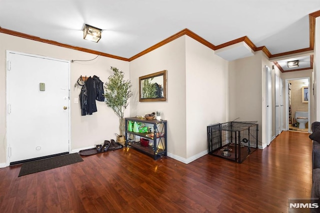 entrance foyer with baseboards, ornamental molding, and dark wood-type flooring