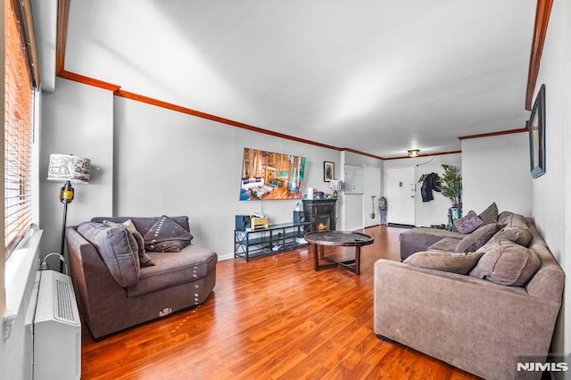 living room with wood finished floors and crown molding