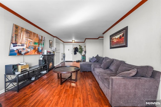 living area featuring baseboards, dark wood-type flooring, a warm lit fireplace, and crown molding