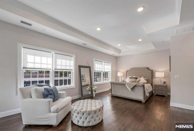 bedroom with baseboards, visible vents, and dark wood-style flooring