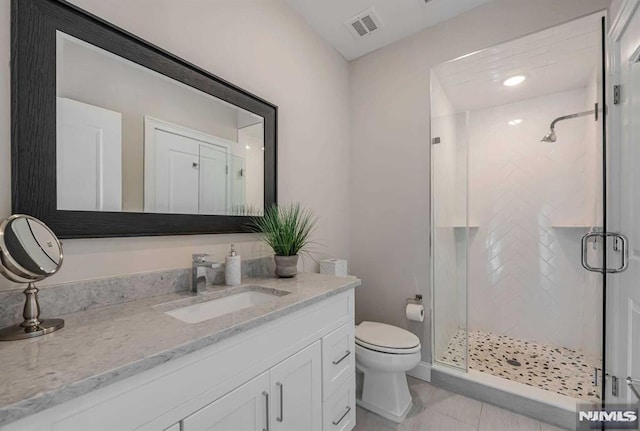 full bathroom with a stall shower, visible vents, toilet, tile patterned flooring, and vanity