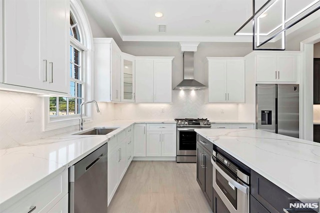 kitchen featuring wall chimney exhaust hood, a sink, white cabinetry, and stainless steel appliances