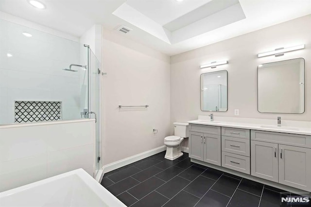 full bath with a tray ceiling, visible vents, a sink, and a shower stall