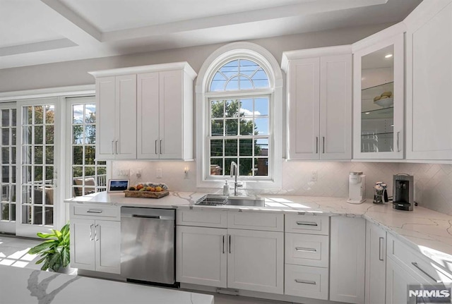 bar with decorative backsplash, a sink, and stainless steel dishwasher