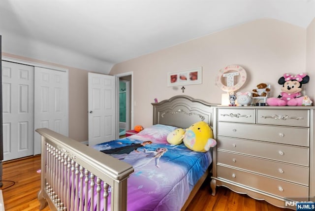 bedroom featuring a closet, vaulted ceiling, and wood finished floors