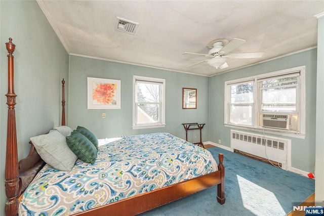 bedroom with cooling unit, visible vents, ornamental molding, radiator heating unit, and carpet