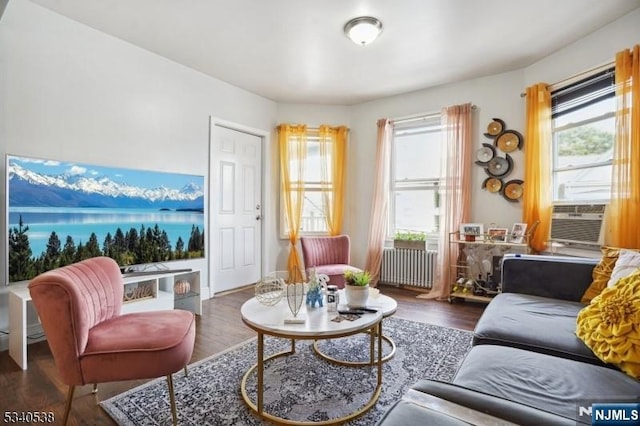 living area with radiator heating unit, wood finished floors, and a wealth of natural light