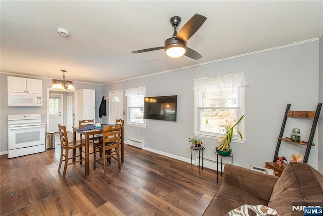 dining area with a baseboard heating unit, dark wood finished floors, and ornamental molding