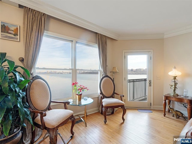 sitting room with ornamental molding, light wood finished floors, a water view, and baseboards