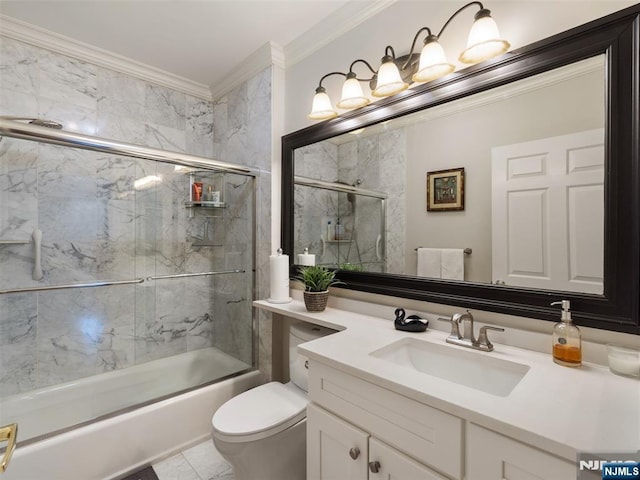 bathroom with toilet, shower / bath combination with glass door, ornamental molding, and vanity