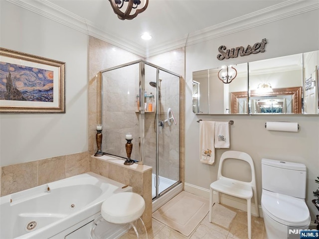 full bathroom with ornamental molding, a stall shower, and a whirlpool tub