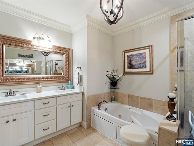 bathroom featuring a jetted tub, tile patterned flooring, a sink, and crown molding