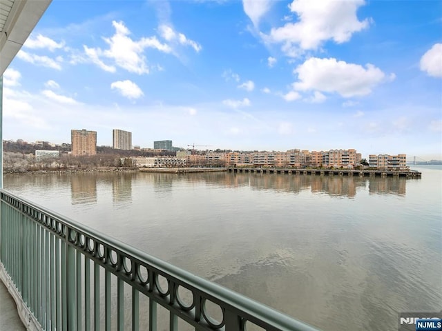 view of water feature with a city view