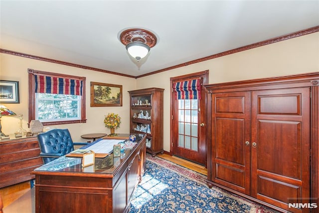 office with crown molding and wood finished floors