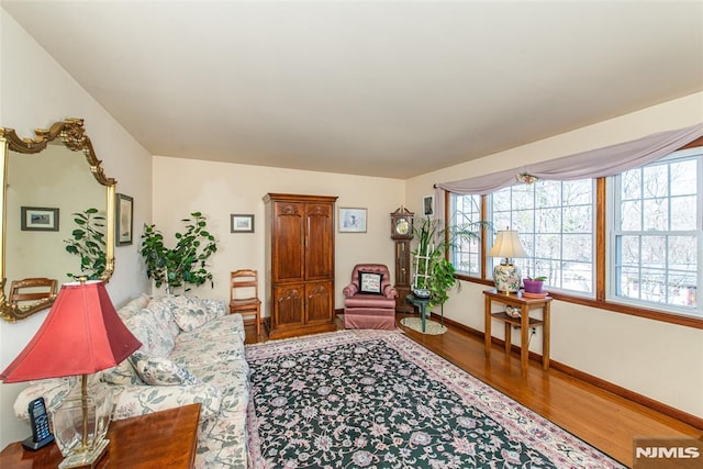 interior space with a wealth of natural light, baseboards, and wood finished floors