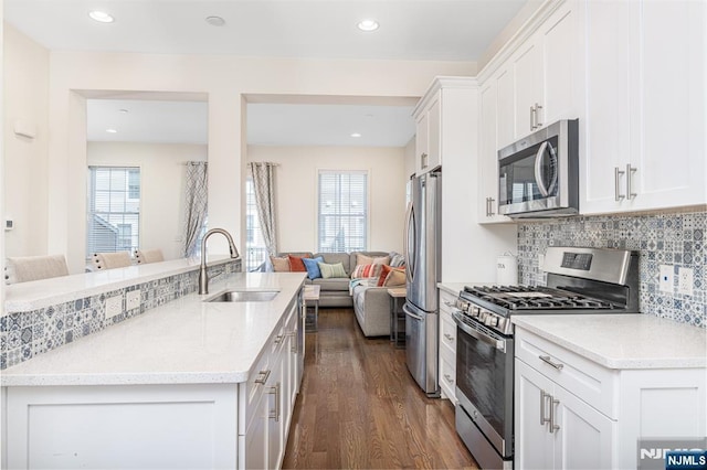 kitchen featuring dark wood-type flooring, a sink, tasteful backsplash, open floor plan, and appliances with stainless steel finishes