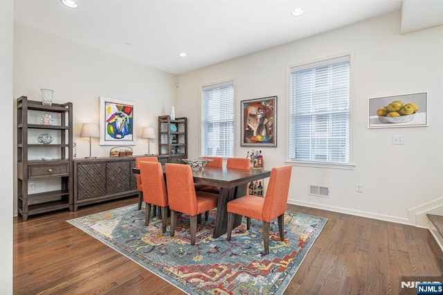 dining area with recessed lighting, visible vents, baseboards, and dark wood-style flooring