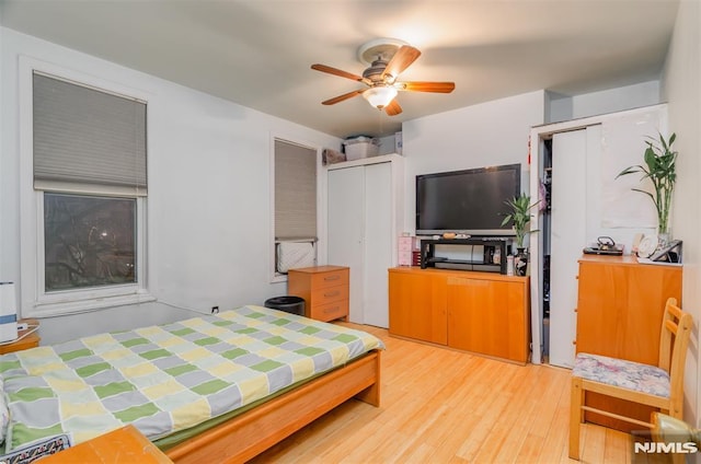 bedroom with light wood-style floors, ceiling fan, and multiple closets