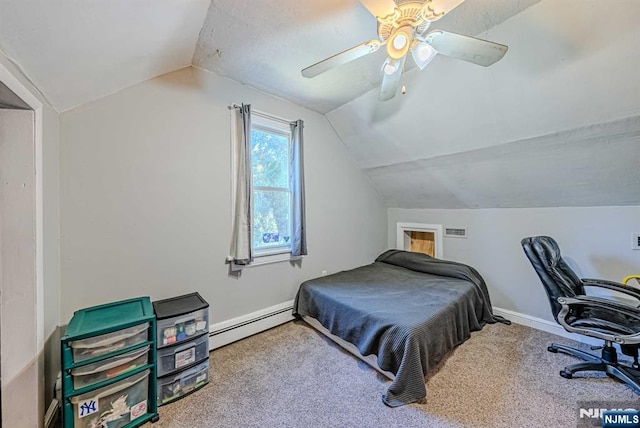 bedroom with carpet floors, lofted ceiling, baseboard heating, ceiling fan, and baseboards