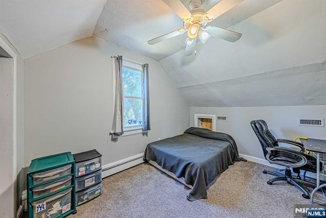 carpeted bedroom with a baseboard radiator, lofted ceiling, visible vents, ceiling fan, and baseboards