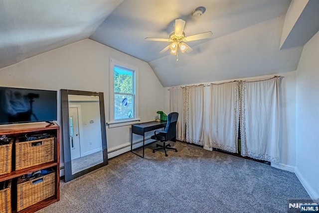 carpeted office with lofted ceiling, baseboards, baseboard heating, and a ceiling fan