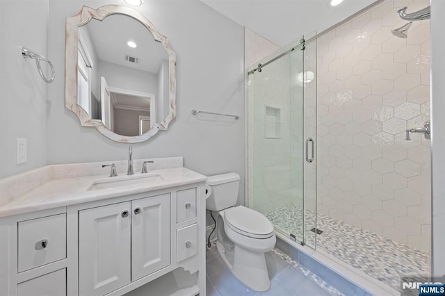 bathroom with visible vents, a shower stall, toilet, and vanity