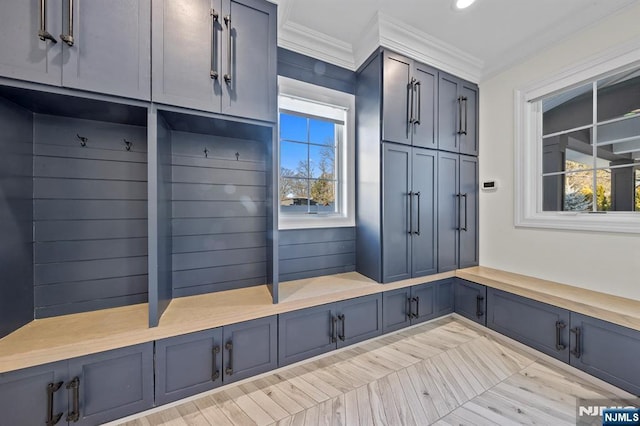 mudroom featuring crown molding and recessed lighting