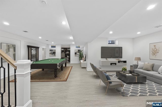 rec room with recessed lighting, pool table, visible vents, and wood finished floors