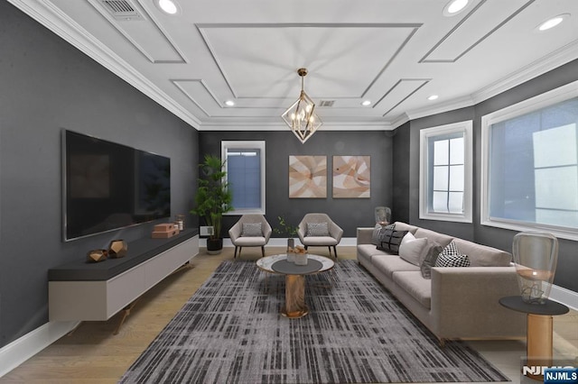 living area featuring recessed lighting, visible vents, baseboards, light wood-style floors, and crown molding