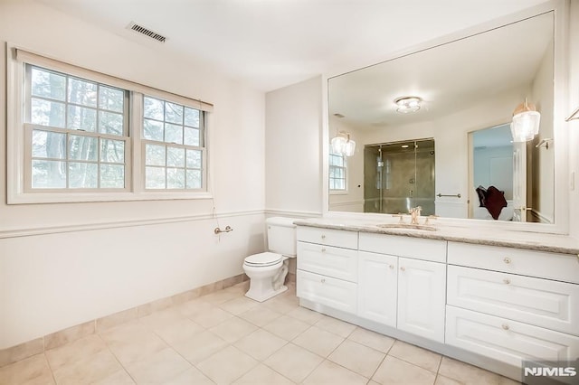 bathroom featuring toilet, a stall shower, visible vents, and tile patterned floors