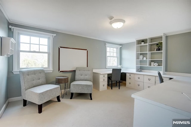 office area featuring light carpet, baseboards, and crown molding