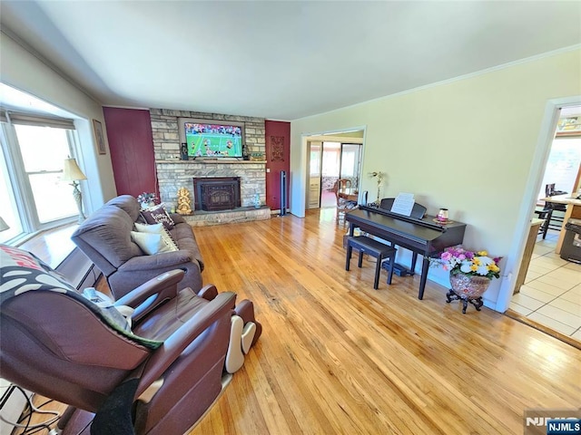 living area featuring crown molding, wood finished floors, and a stone fireplace