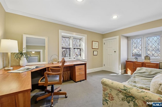 office area with carpet, crown molding, baseboards, and recessed lighting