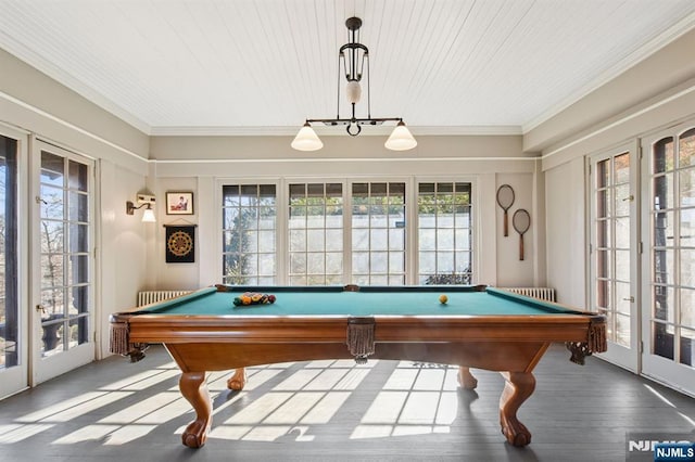 playroom with wooden ceiling, wood finished floors, pool table, crown molding, and french doors