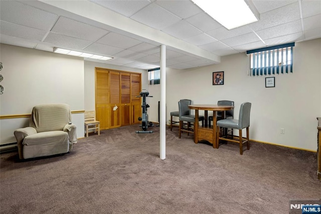 interior space with a drop ceiling and carpet flooring