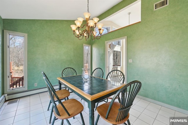 dining room featuring light tile patterned flooring, baseboards, visible vents, and a chandelier