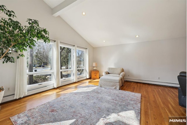 living area featuring a baseboard heating unit, beam ceiling, recessed lighting, wood finished floors, and high vaulted ceiling