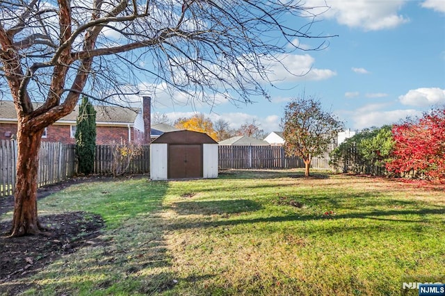 view of yard with a storage shed, an outdoor structure, and a fenced backyard