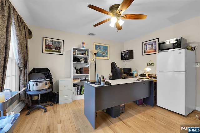 office space featuring light wood finished floors, visible vents, and a ceiling fan