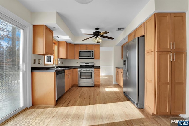 kitchen with light wood finished floors, visible vents, appliances with stainless steel finishes, and a wealth of natural light