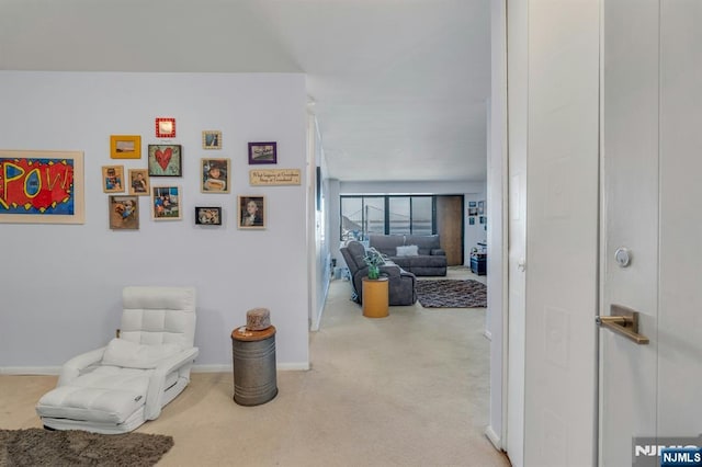 sitting room featuring carpet and baseboards