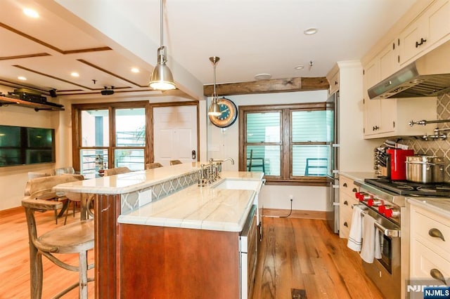 kitchen with light wood-style flooring, backsplash, a sink, high end stove, and under cabinet range hood