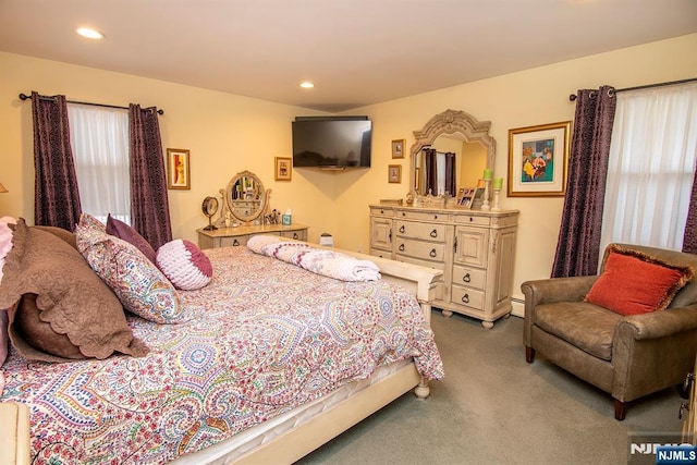 bedroom featuring carpet flooring, recessed lighting, and baseboard heating