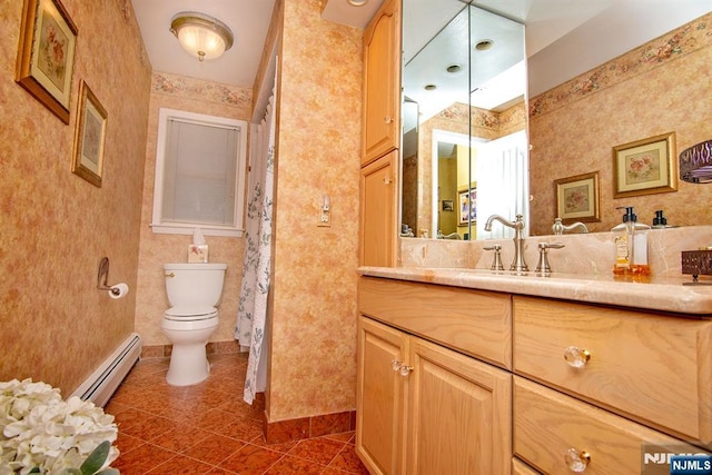 full bath with wallpapered walls, tile patterned floors, toilet, and a baseboard radiator