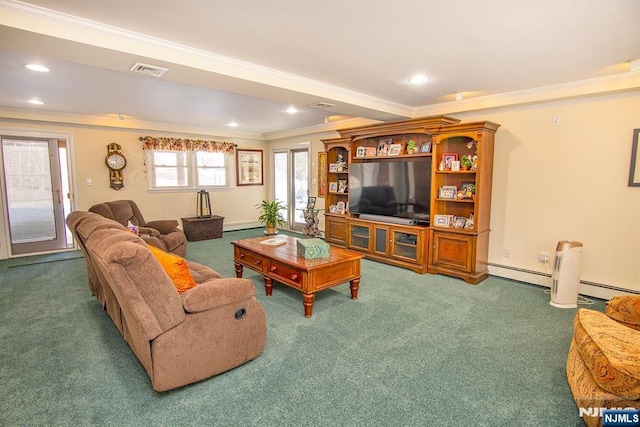 living room featuring recessed lighting, visible vents, carpet, and crown molding