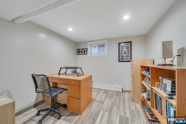 office space featuring wood finish floors, recessed lighting, and baseboards