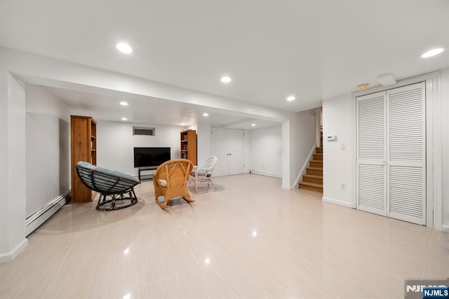 living area featuring recessed lighting, baseboards, stairway, and baseboard heating