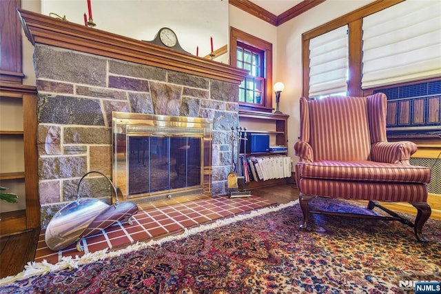 living room featuring crown molding, wood finished floors, and a fireplace